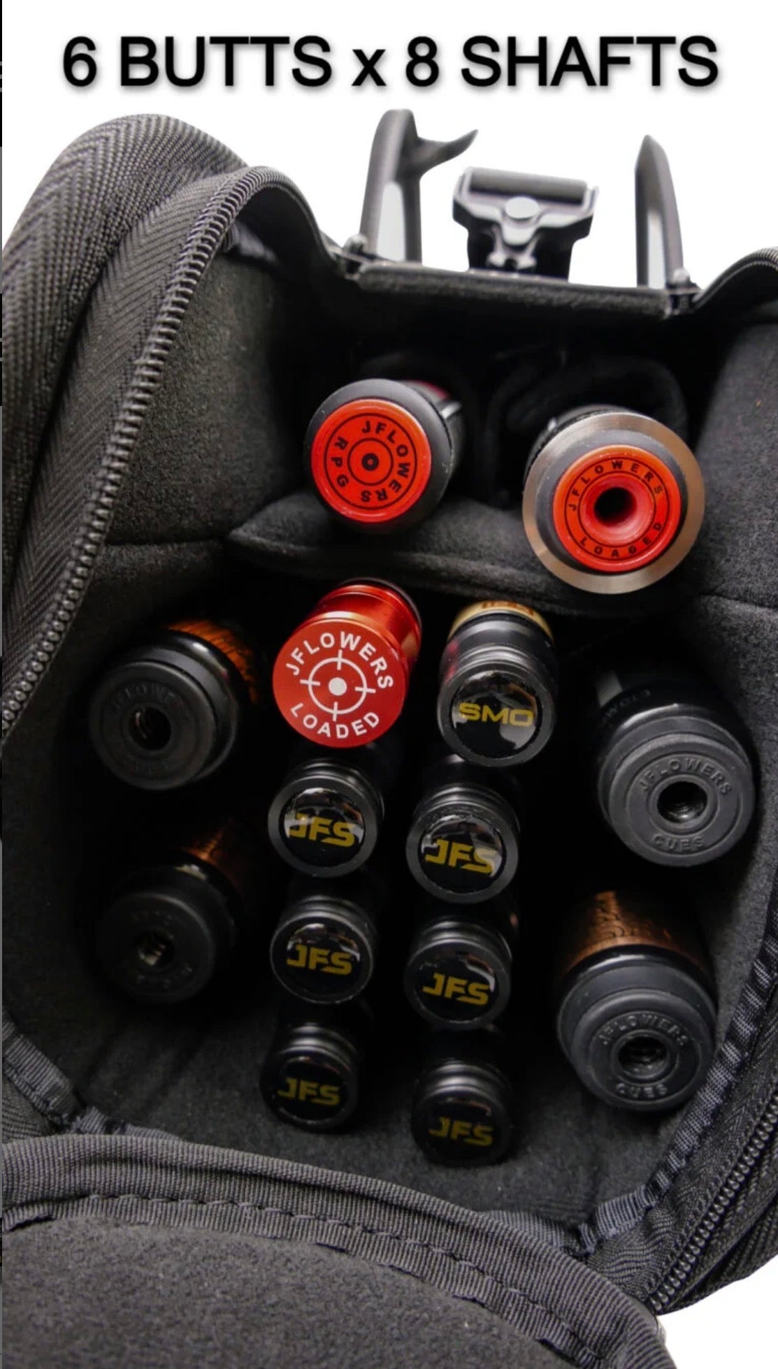 JFlowers Tactical 6×8 Soft Cue Case in jet black or charcoal grey.